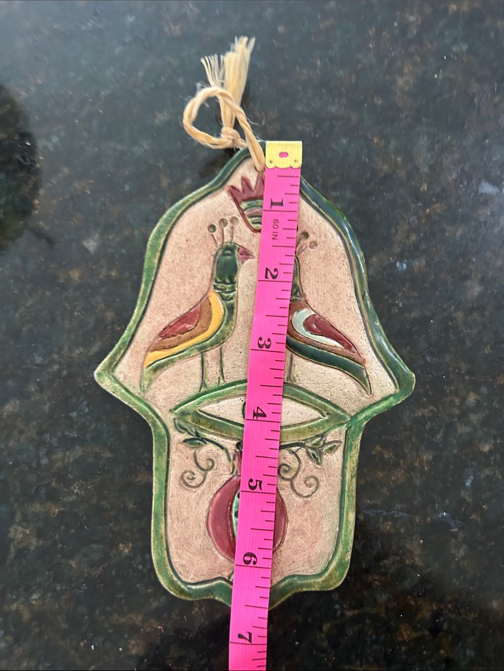 Hand-Painted Ceramic Hamsa Bird Wall Hanging in Green and Pink - Picture 3 of 6
